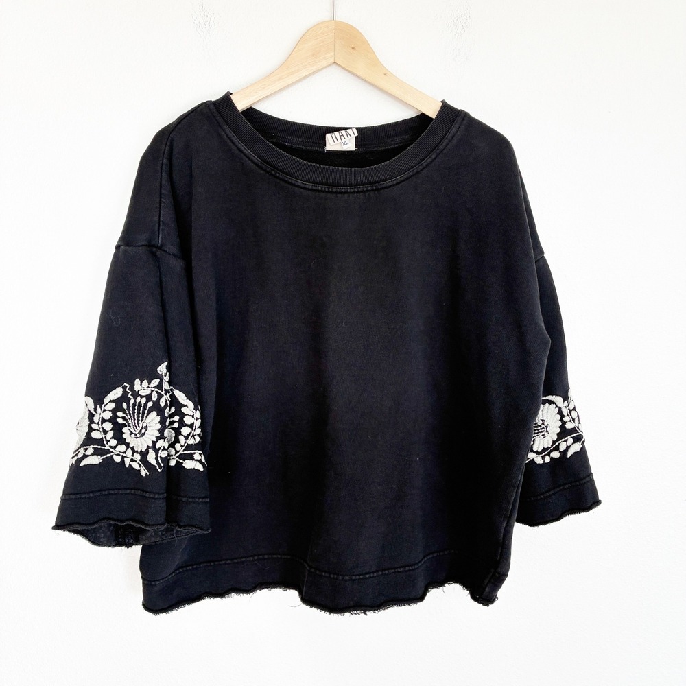 Sister Mary Sweatshirt Women XL Black Embroidered Floral Raw Hem Boxy Cotton